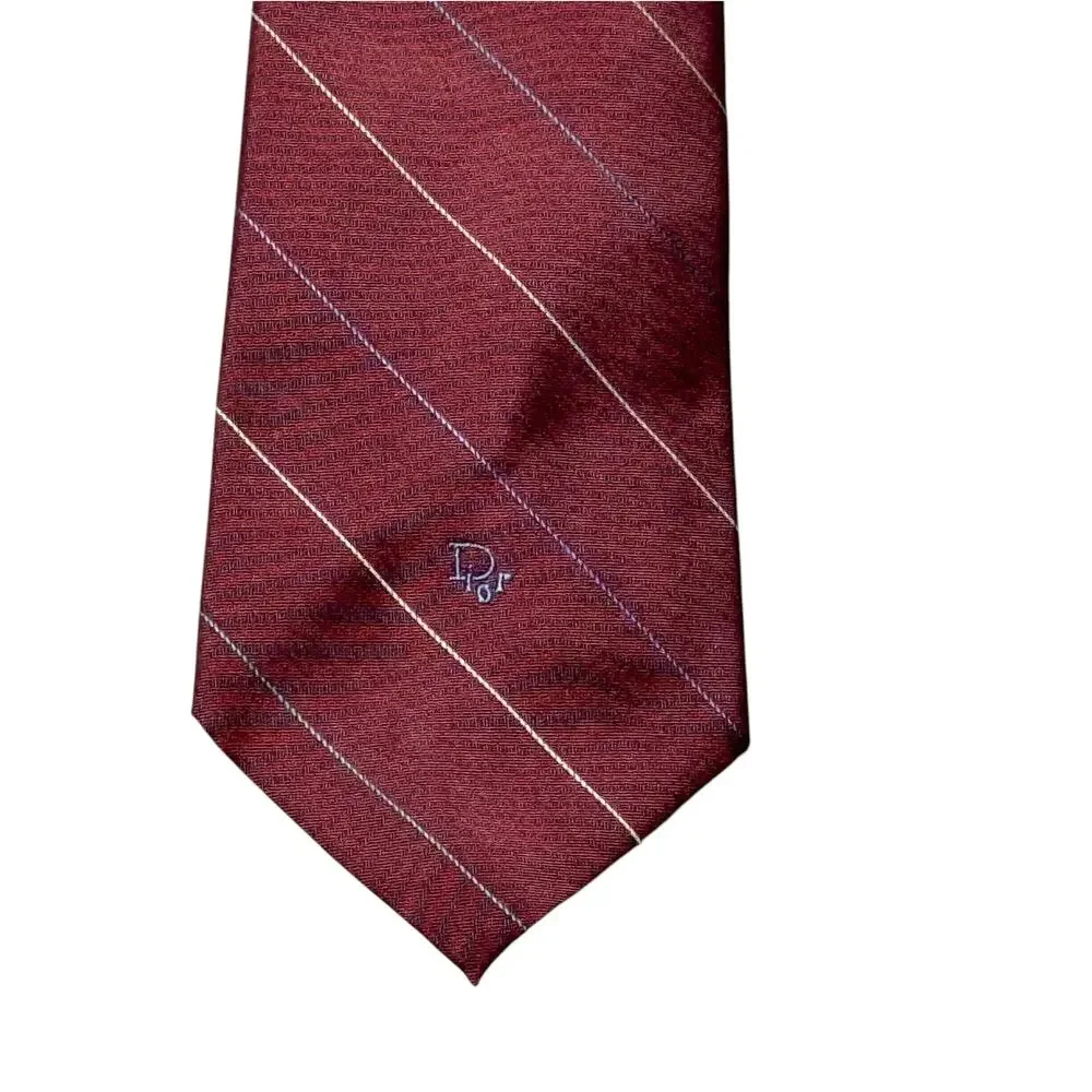 Vintage Christian Dior Necktie Mens Burgundy Striped Silk Blend Classic Formal